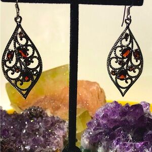 Rhodolite Garnet Filigree Earrings 3.11ct in Black Rhodium & 14K Gold Overlay